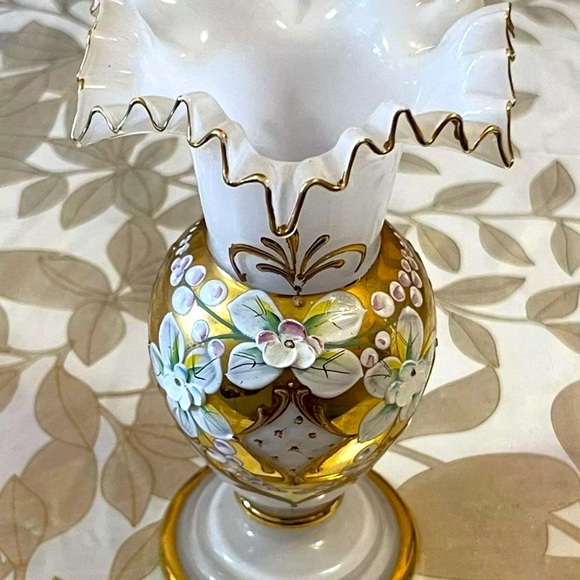 Vintage Czech Bohemian Enamel White Gold Glass Floral Raffle Vase 6” - Picture 2 of 7